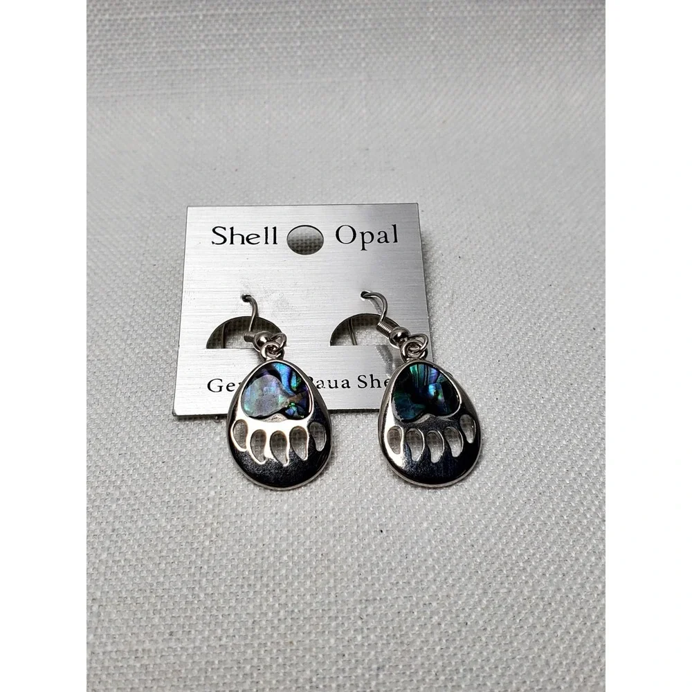 Paua Shell Bear Paw Dangle Earrings Silver Tone Genuine‎ Abalone Iridescent New